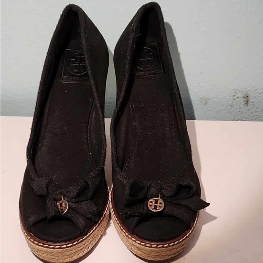 Tory Burch Black Canvas Jackie Bow Espadrille Wedge Pumps
